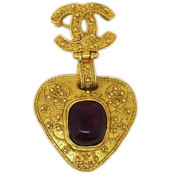 Chanel Gripoix Brooch Pin Gold Red 94A - Picture 1 of 8
